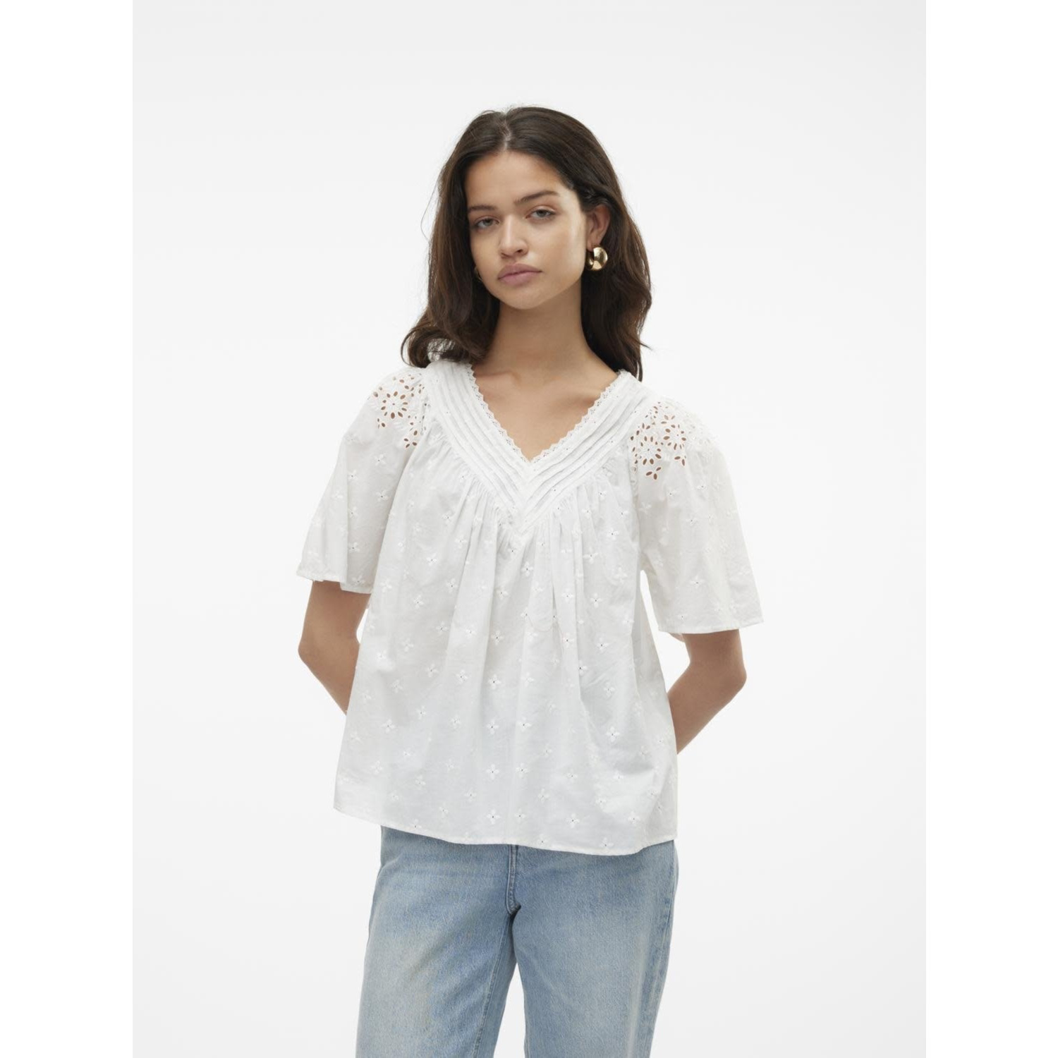 10309014 VMKAFFA S/S V-NECK TOP WVN BTQ Snow White - 36 / S -