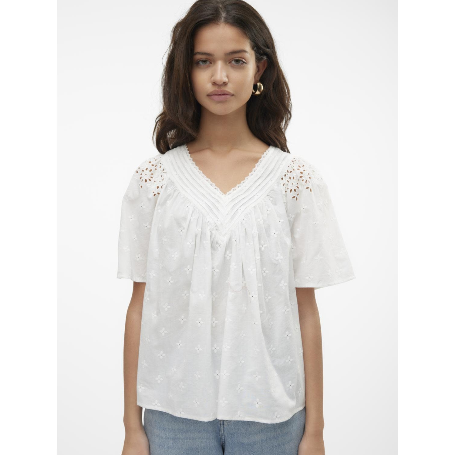 10309014 VMKAFFA S/S V-NECK TOP WVN BTQ Snow White - 36 / S -