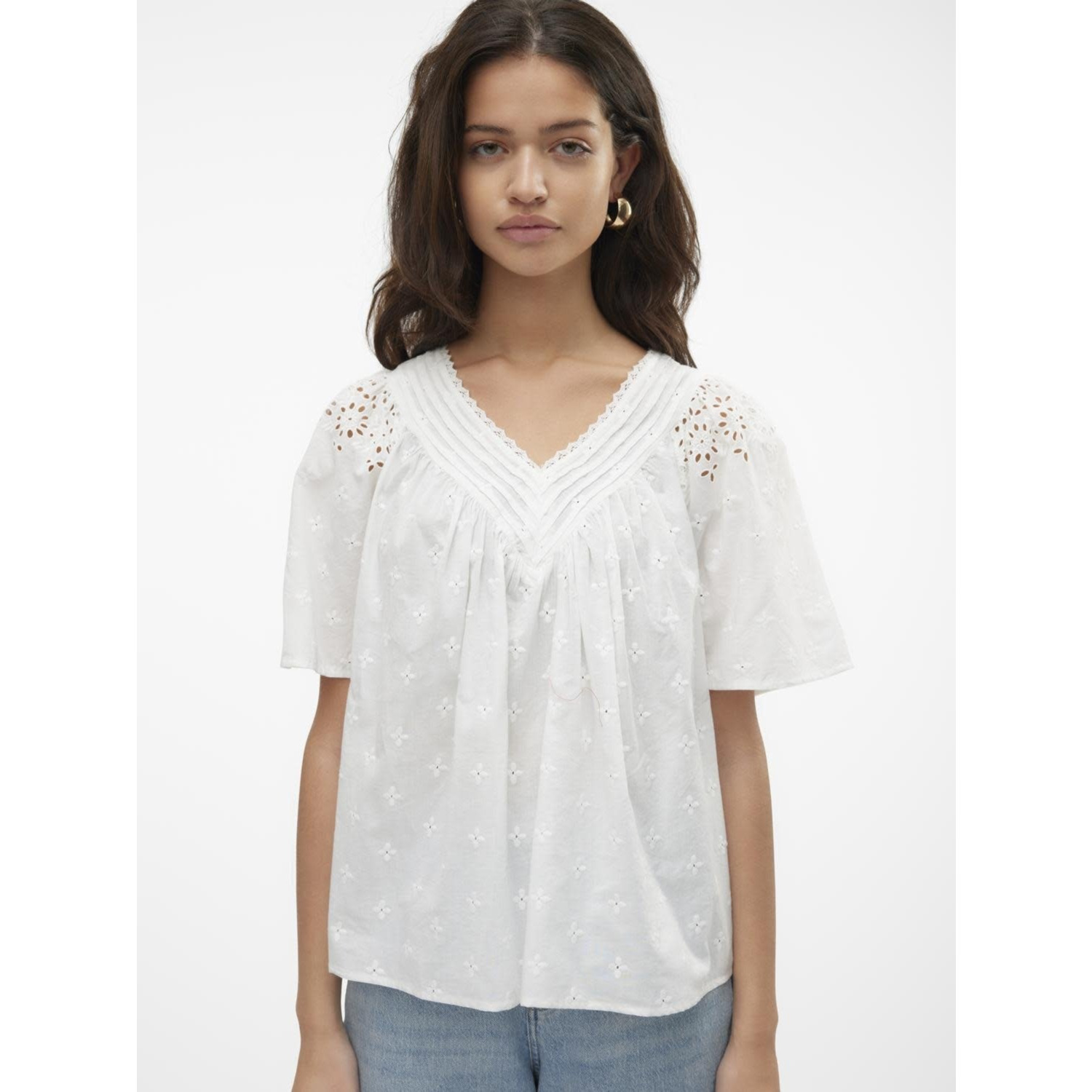 10309014 VMKAFFA S/S V-NECK TOP WVN BTQ Snow White - 36 / S -